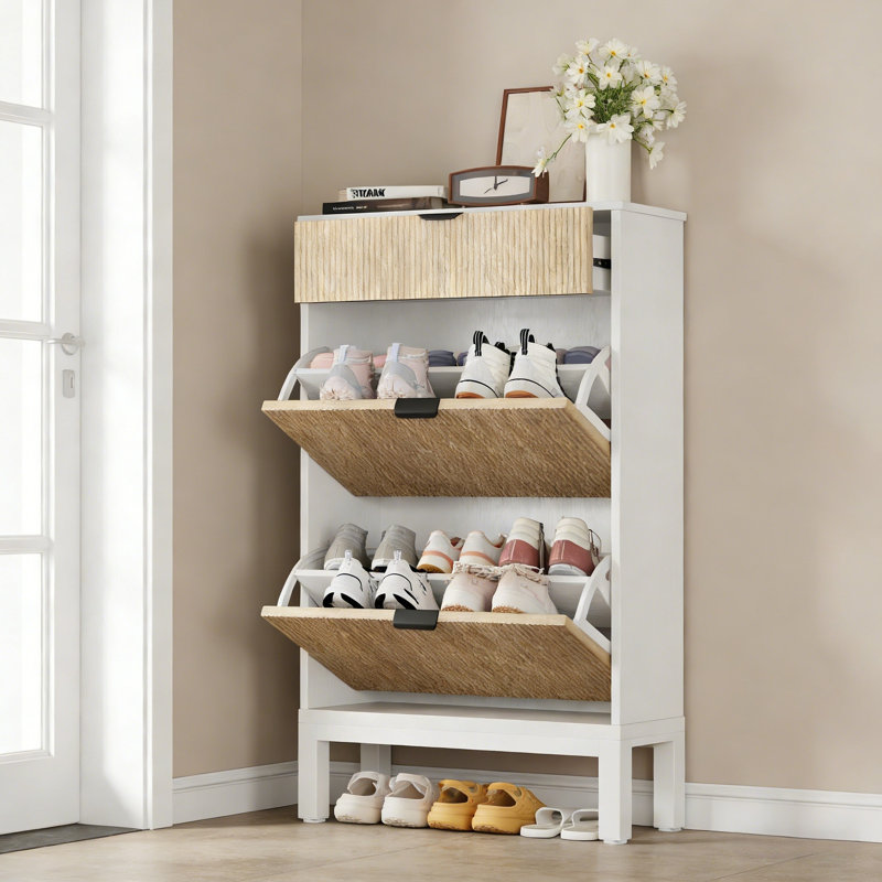Armoire à chaussures rustique cannelée avec tiroirs et pieds en métal