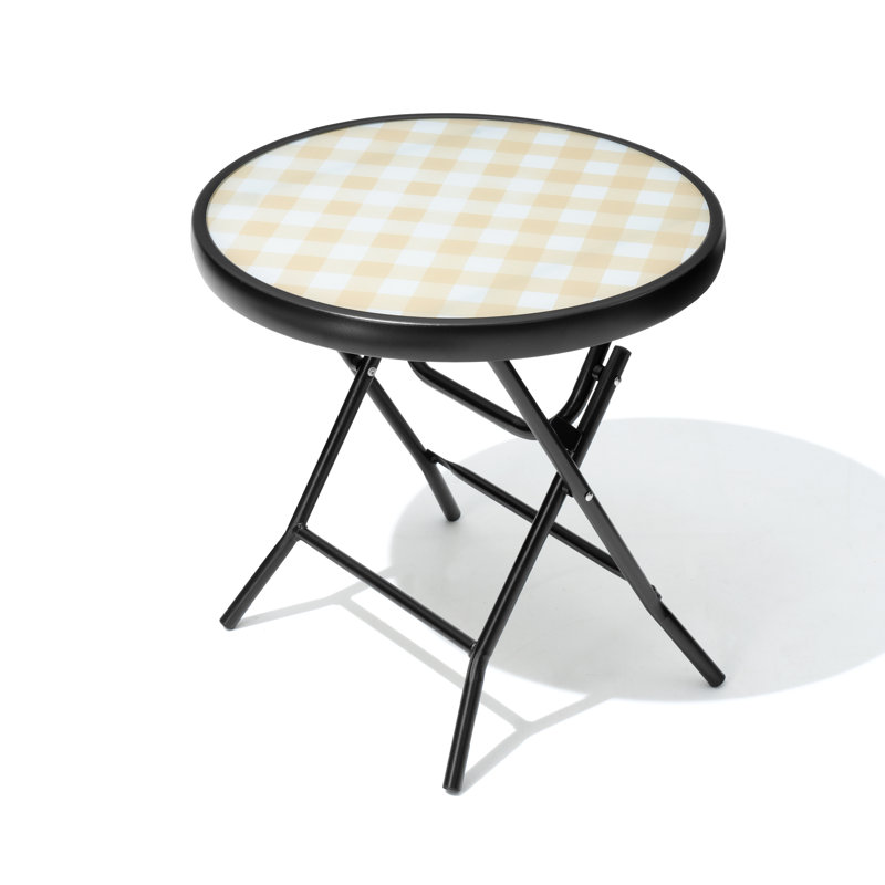Hicham 17.7 L x 17.7 W Folded Outdoor Side Table with Glass Round Top, Yellow/White, 1