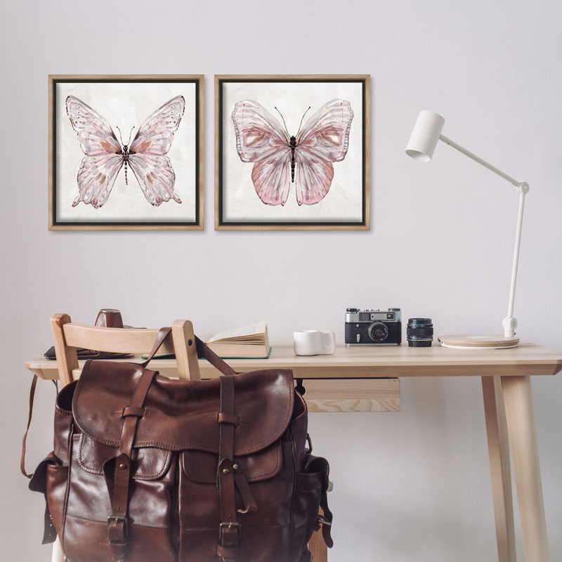 «Unique Butterflies in Mute Pinks», ensemble de 2 toiles flottantes encadrées, design par Carol Robinson, H 18 po x l 18 po