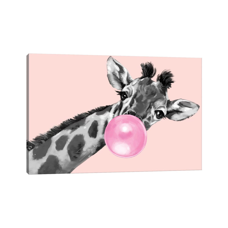 Sneaky Giraffe Blowing Bubble Gum In Pink by Big Nose Work - Wrapped Canvas Print, 20.32 cm H x 30.48 cm W