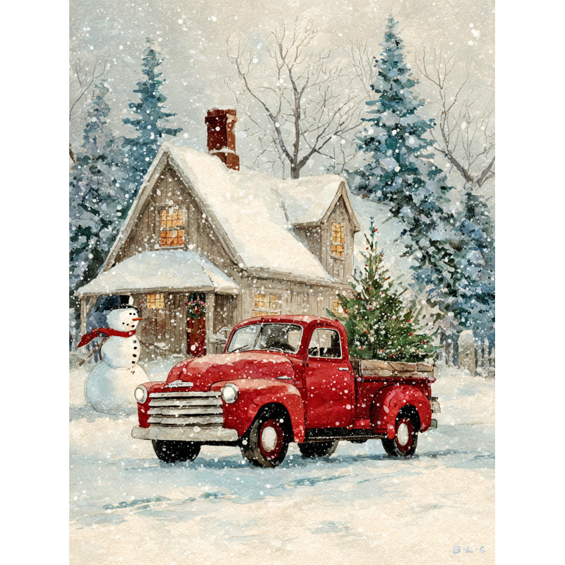 Art mural rétro sur toile tendue camion rouge par Winter House, H 40 po x l 30 po