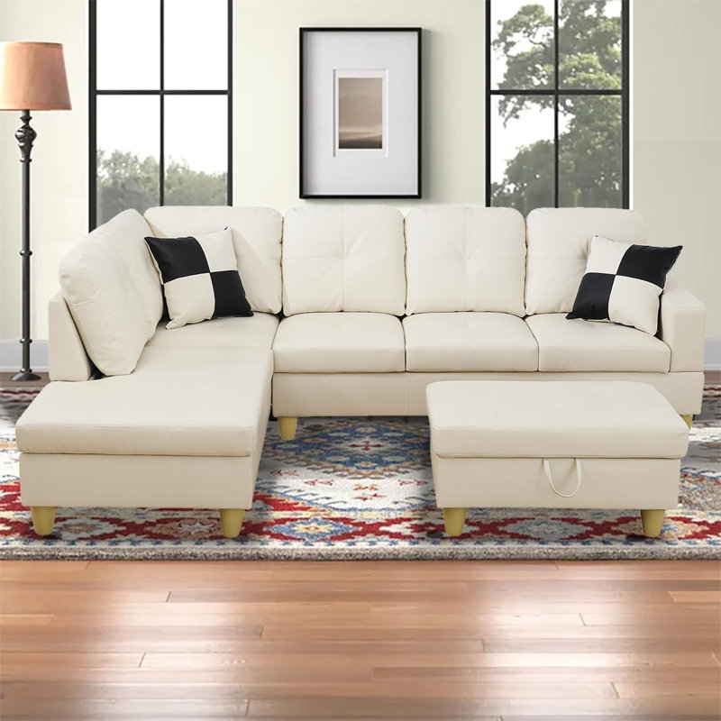 Erynne 3 - Piece L- Shaped Upholstered Living Room Sectional with Storage Ottoman, Ivory Faux Leather, Left Hand Facing