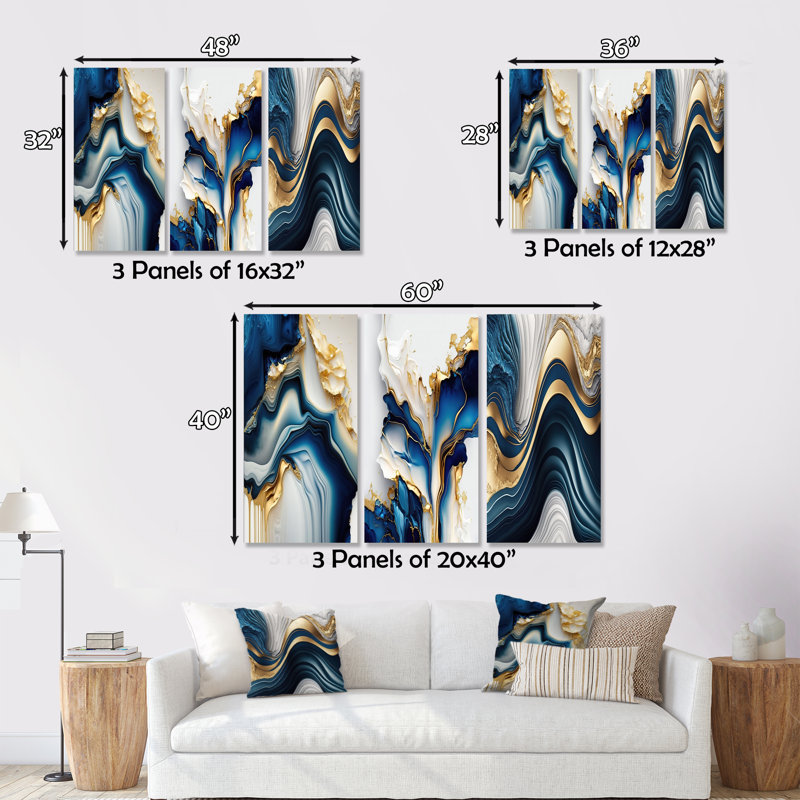 Géode abstraite, or et marbre bleu II - ensemble d'art mural moderne de 3, H 28 po x l 36 po x P 1 po