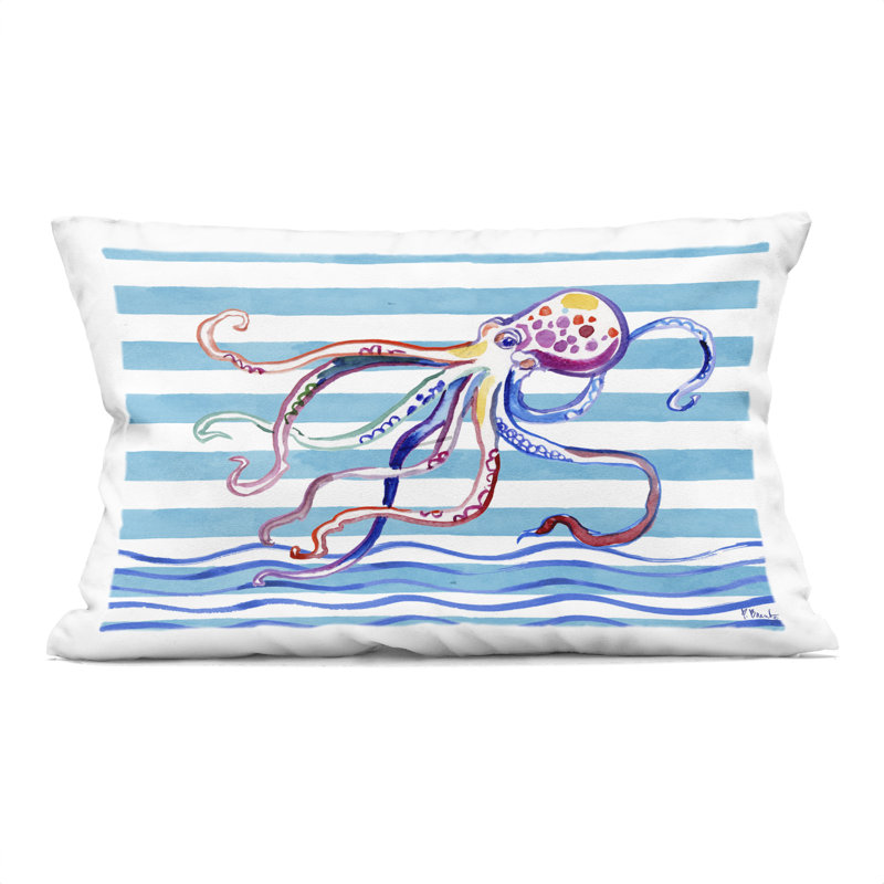 Coussin décoratif brossé imprimé poulpe sur rayures par Paul Brent