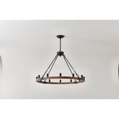31.5 INCH Wood Wagon Wheel Chandelier Modern Farmhouse  Pendant Light 12-Light Ceiling Hanging Lighting Fixtures for Living Room Dining Room Kitchen Island Foyer--NO INCLUDED BULBS--WOOD + Matte Black