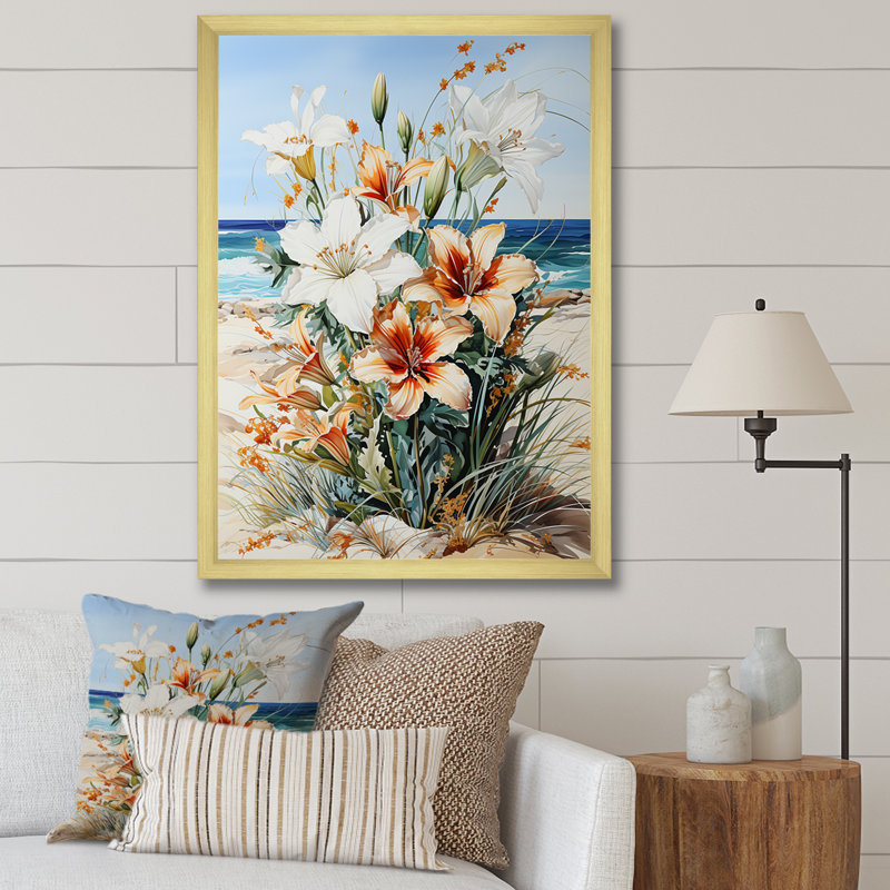 Fleurs saisonnières sur la plage sur toile, Cadre doré simple, H 20 po x l 12 po x P 1 po