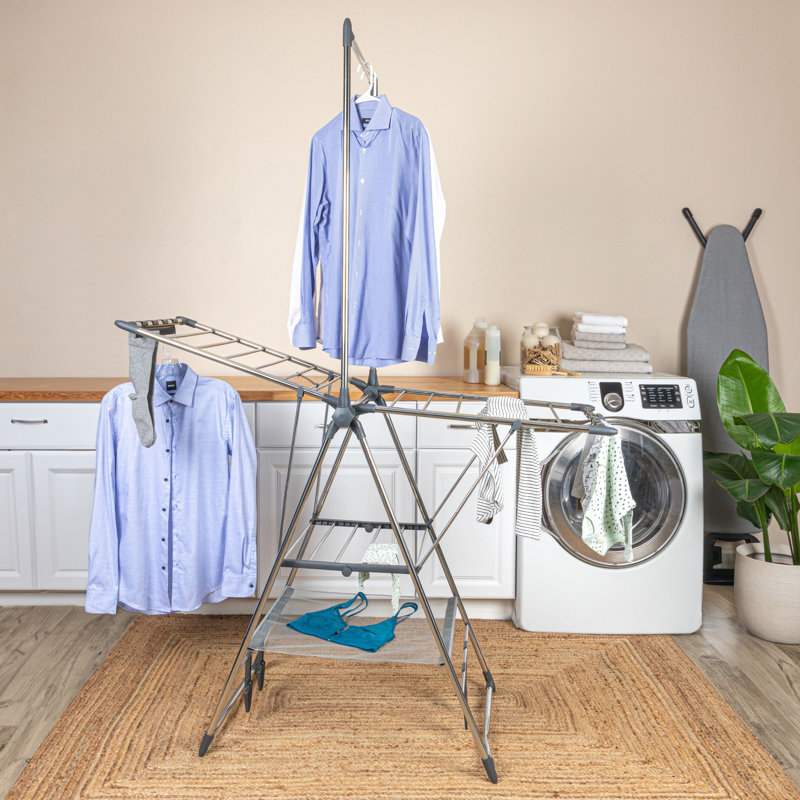 Séchoir à linge à plusieurs niveaux en acier inoxydable avec barre en T et deux ailes latérales, argent