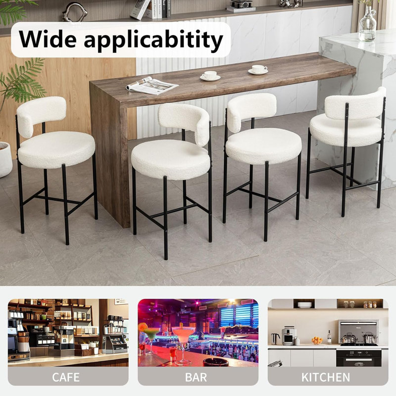 Boucle Bar Stools Set Of 2, 24" Modern Counter Stools With Backs, Upholstered Barstools For Kitchen Island, Bar, Cafe, White