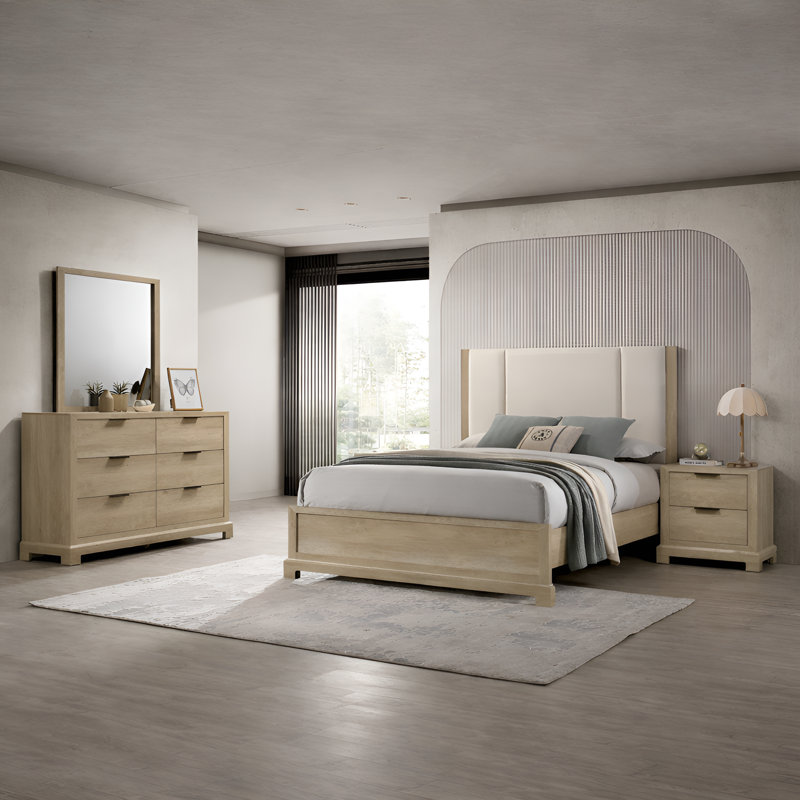Ensemble de chambre à coucher 4 pièces Rosser, grand lit, commode avec miroir, table de chevet, ensemble de mobilier de rangement moderne pour les espaces de chambre organisés