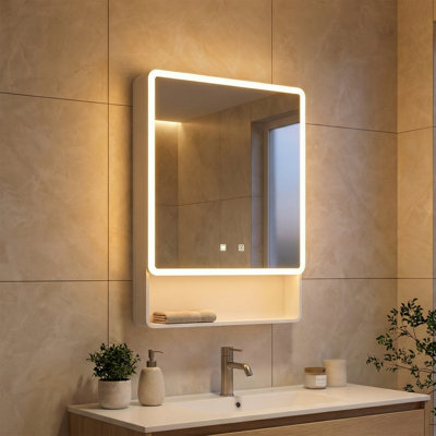 Armoire de toilette 19,69 "x 27,56" à DEL intelligente avec antibrouillard avec support de rangement, lumière chaude une couleur, désembueur à un bouton, rangement ouvert et fermé multicouche