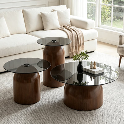 Ensemble de 3 tables basses gigognes, plateau en verre pour le salon, table centrale circulaire peu encombrante, convient aux salons et aux bureaux.