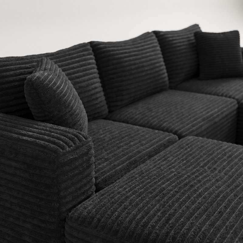 Canapé modulaire 108 po en velours côtelé noir modulaire Cloud, assise profonde, canapé en L avec structure en U et 2 repose-pieds pour le salon