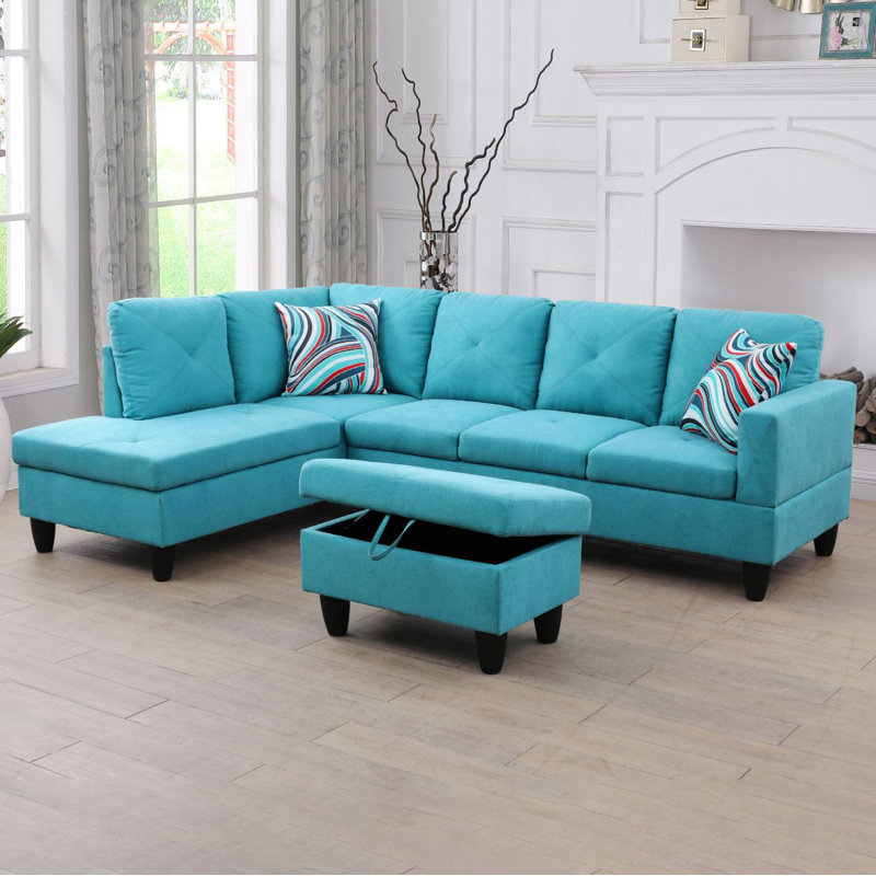 97" Wide Sectional Couch Set With Storage Ottoman White Microfiber Sofa With Chaise 3 Pieces Living Room Set (Right-Hand Facing)
