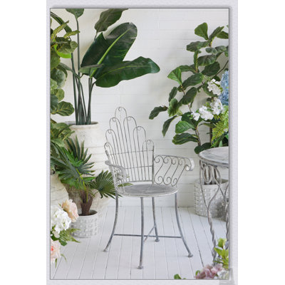 Fauteuil d'appoint en fer argenté vieilli avec dossier en éventail, idéal pour les sièges de campagne et de jardin