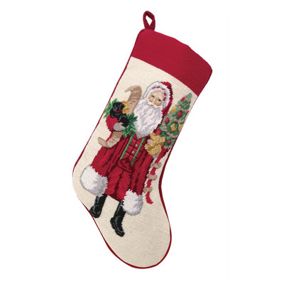 Santa and Puppy Embroidered Needlepoint Stocking