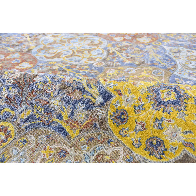 Tapis rectangulaire abstrait en laine noué à la main or / bleu, Rectangle 8 pi x 10 pi