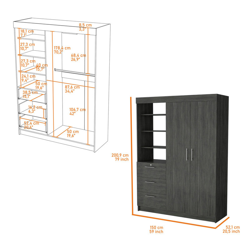Armoire noire à 3 tiroirs, Gris, H 79 po x l 59 po x P 20,5 po