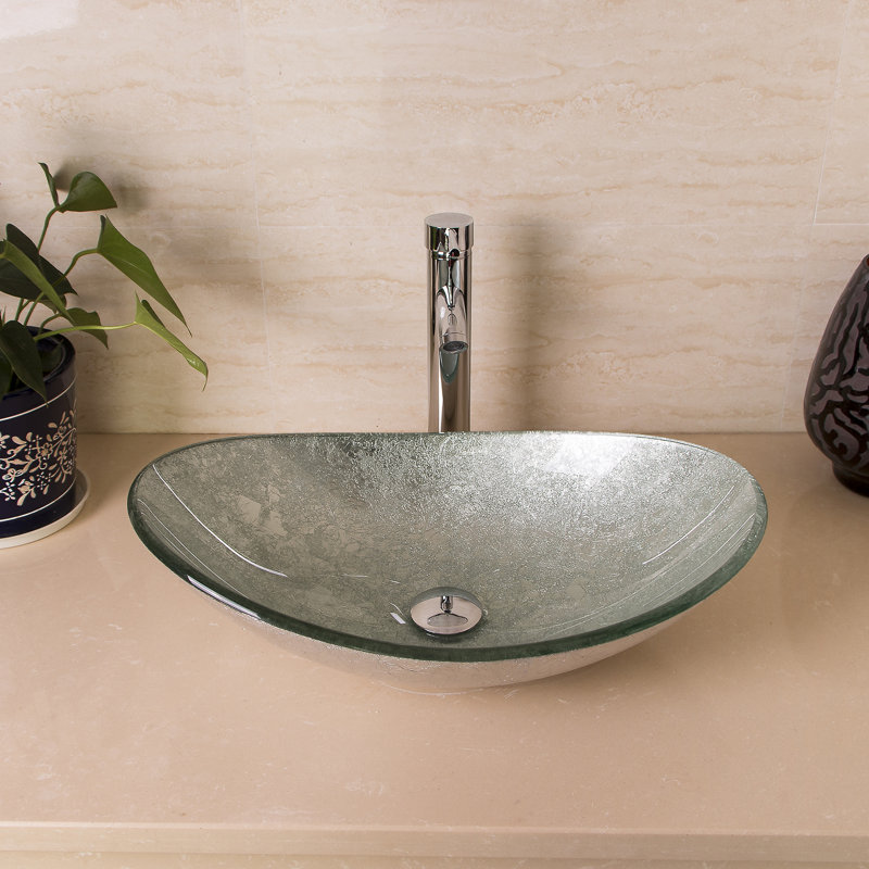 Wonline 14.17'' Tempered Glass Oval Bathroom Sink with Faucet, Silver/Light Green