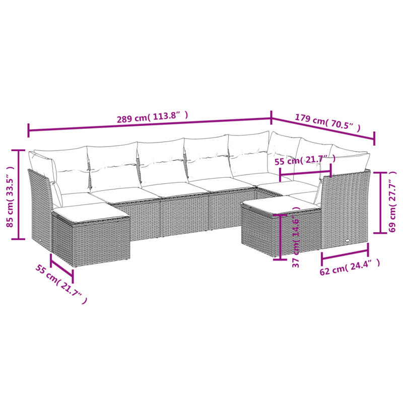 Ensemble de canapé de patio 9 pièces avec coussins en polyester Latitude Run®, Blue, Noir
