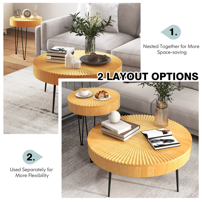 Round Pine Wood Coffee Tables with Black Metal Legs, Set of 2