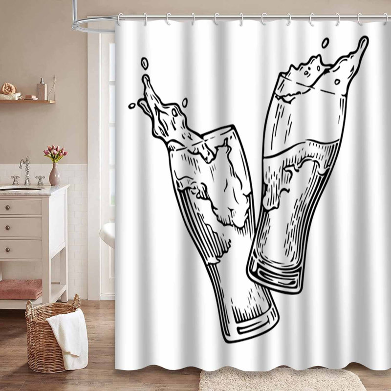Waterproof Drawn Glass Party Bath Vintage Beer Shower Curtain with 12 Hooks, 72" L x 78" W