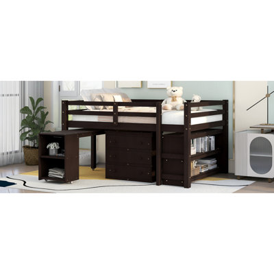 Low Study  Loft Bed With Cabinet Shelves And Rolling Portable Desk Multiple Functions Bed