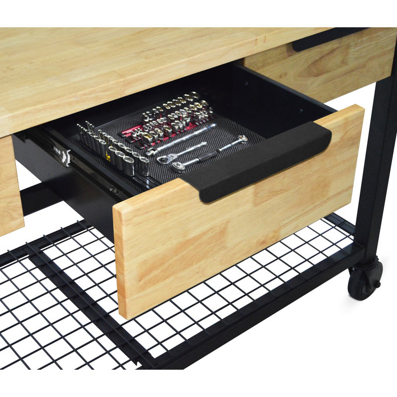 Établi mobile avec plateau en bois massif l 62 po avec 3 tiroirs Rove