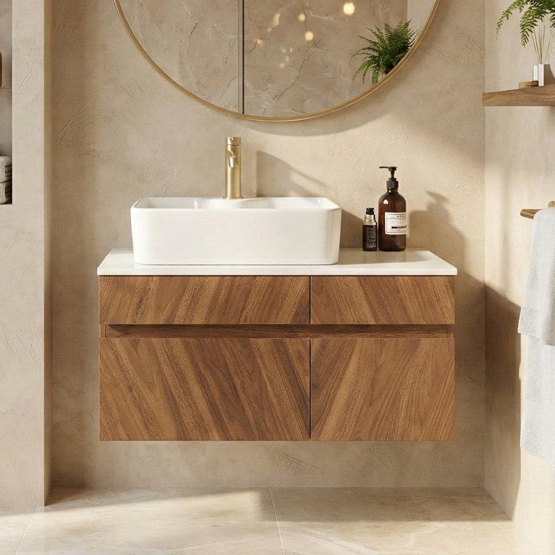 31.5'' Wall-mounted Single Bathroom Vanity With Faux Marble Countertop , Modern Walnut Wood Floating Bathroom Cabinet With Ceramic Basin Sink