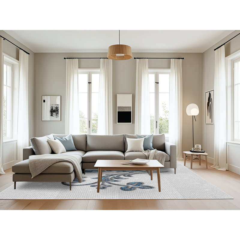 Tapis gris/noir/bleu à motifs, Rectangle 8 pi x 10 pi