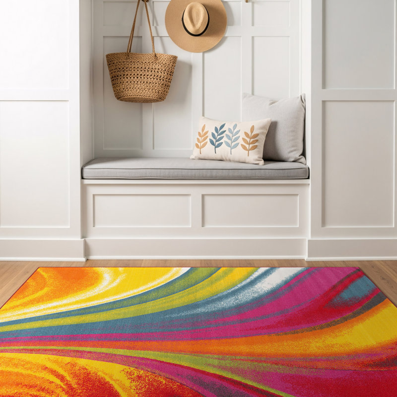 Akieba Abstract Tufted Blue/Orange/Pink Non-Slip Rubberback Area Rug, Rectangle 3'4" x 5'