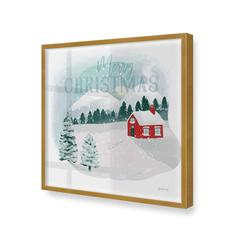 Imprimé chalet des Fêtes dans la neige, H 21,75 po x l 21,75 po, Cadre simple en or poli, bois massif