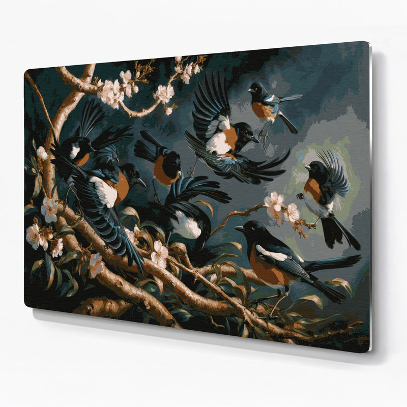 Oiseaux, pie orientale, robin gris, art mural en métal, H 144 po x l 216 po x P 0,05 po