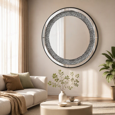 Miroir rond argenté scintillant Crystal Crush Diamond de 85 cm (33,46 po) pour décoration murale
