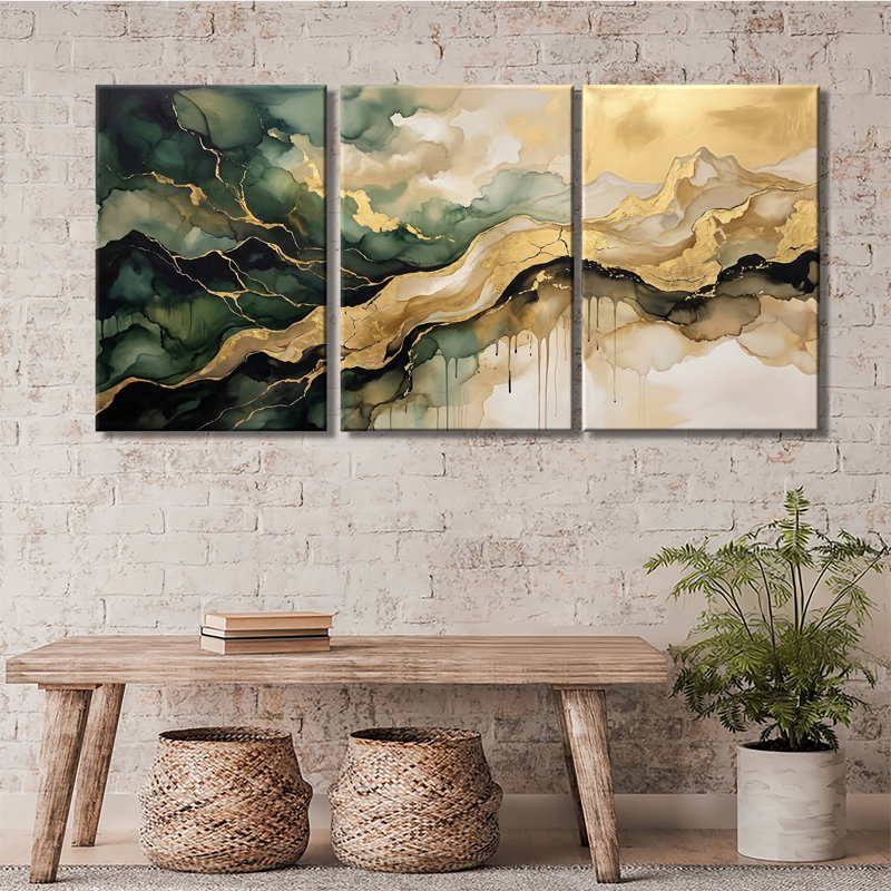 «Green Gold», art abstrait de montagne fluide - ensemble de 3 impressions sur toiles tendues avec châssis de qualité supérieure