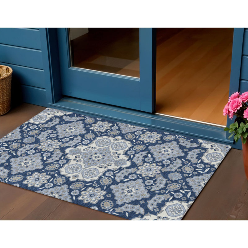 3' X 5' Blue Ivory And Gray Medallion Washable Indoor Outdoor Area Rug