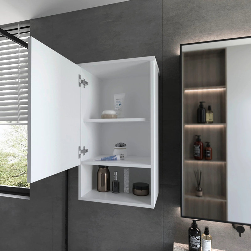 Armoire à pharmacie blanche pour salle de bain - Une porte avec 2 tablettes de rangement internes et 1 tablette ouverte à accès rapide