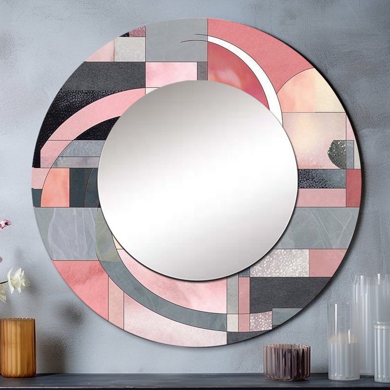 «Pink Transcendent Angles I», miroir décoratif de formes abstraites, miroir mural rond moderne, impression d'art en métal