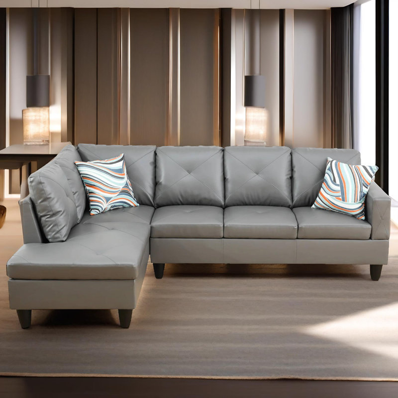 Monaco Vegan Leather 2-Piece Sectional Sofa Set With Chaise, Gray Faux Leather, Left Hand Facing