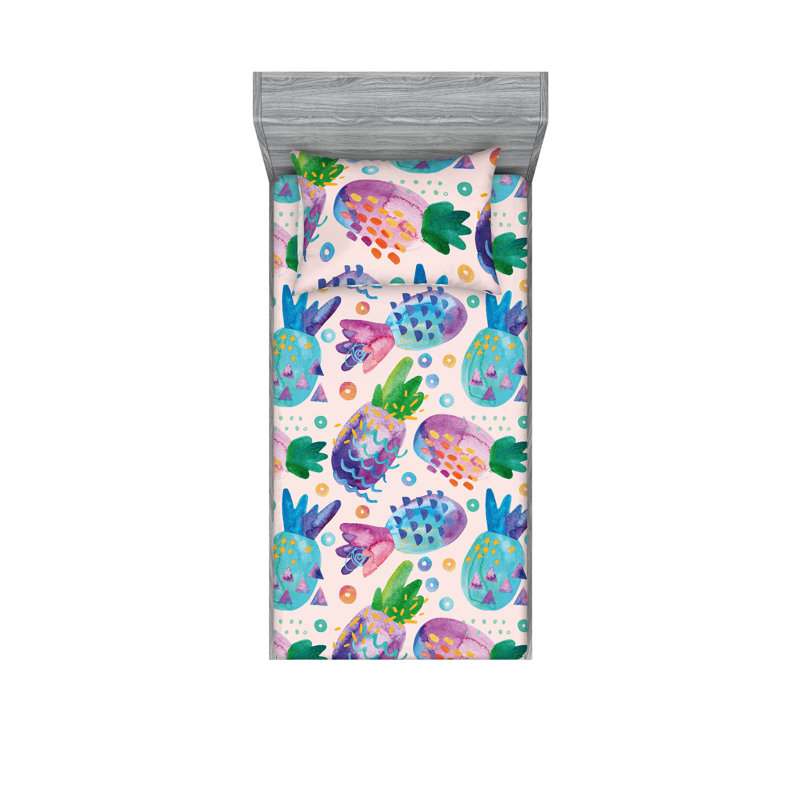 Drap-housse et taies décoratives Ambesonne Summer Memphis Fruit Art Rose pâle indigo foncé