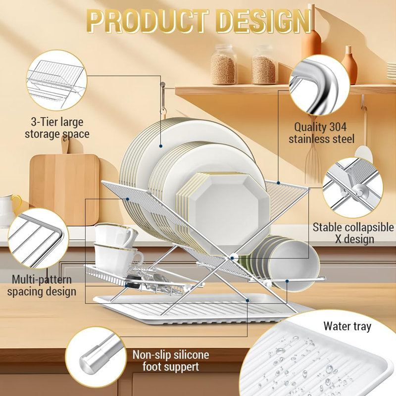 Foldable Stainless Steel 3-Tier Dish Drying Rack with White Drip Tray
