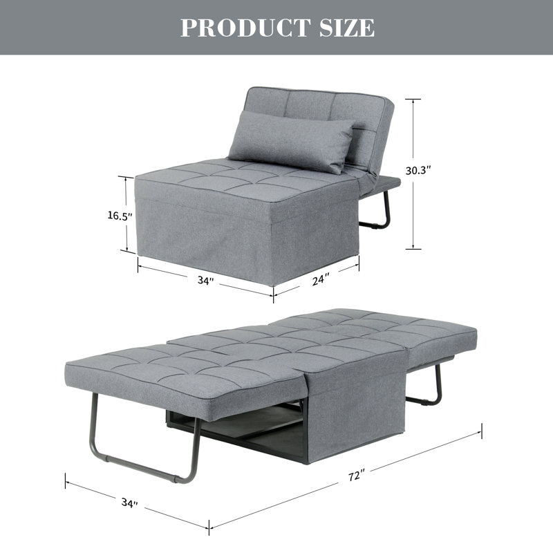 Horicon 72'' Wide Tufted Convertible Chair, Light Gray Cotton Blend