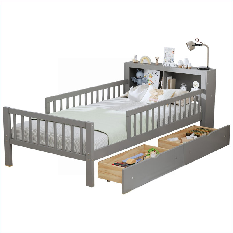 Lit simple moderne en bois massif gris avec rangement pour tête de lit, tiroirs sous le lit et garde-corps de sécurité à trois côtés