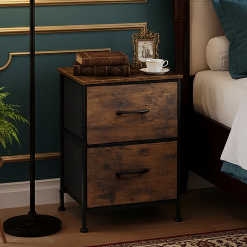 Table de chevet 2 tiroirs 15,7 po - Bacs en tissu de couleur bois, plateau en bois - Rangement à structure en acier