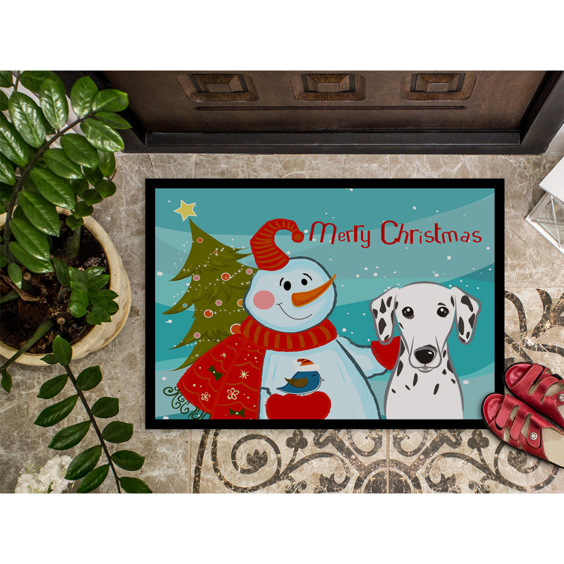 Tapis de porte d’extérieur anti-dérapant bonhomme de neige avec dalmatien, Rectangle 1 pi 6 po x 2 pi 3 po