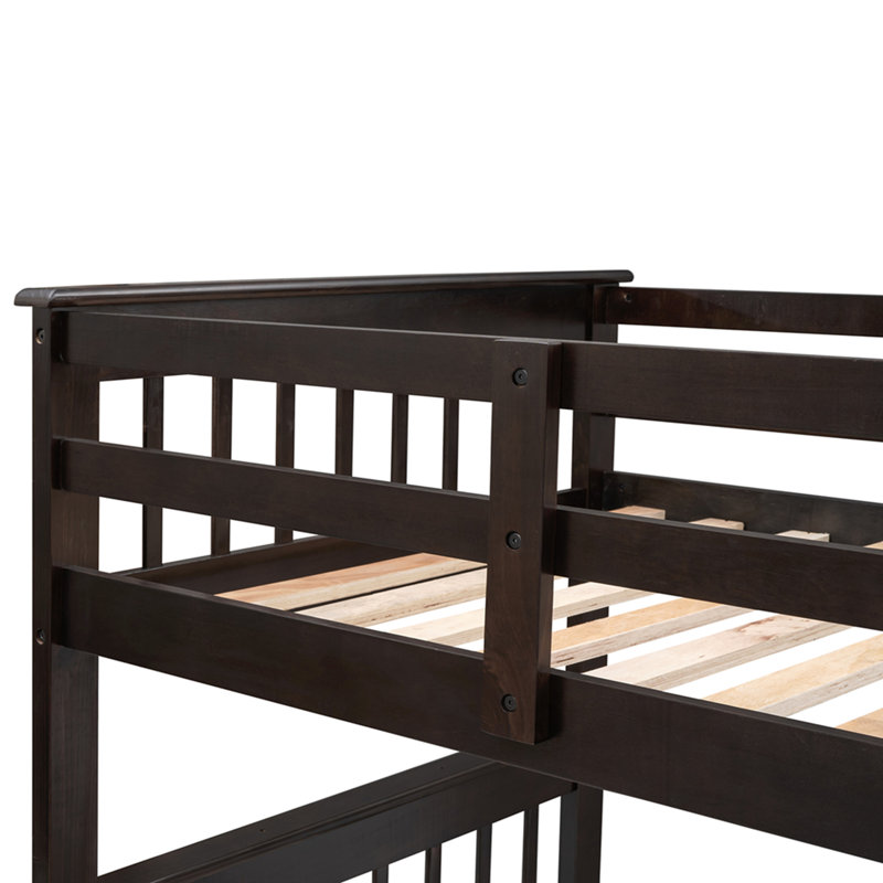 Lit superposé simple au-dessus d'un lit double avec tiroir, rangement et barrière de sécurité Stairway, Espresso
