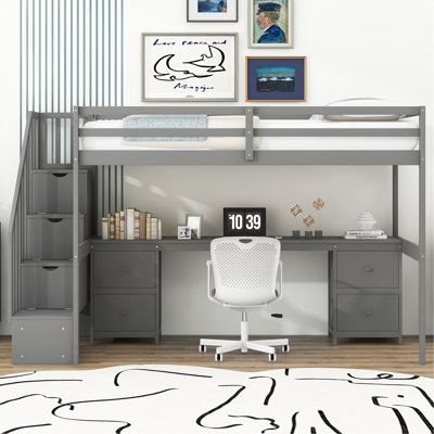 Twin Size Loft Bed Frame With Built-In Desk And Double Storage Drawers,Gray