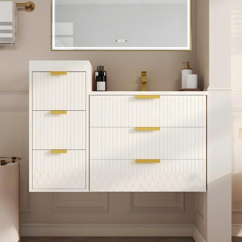 Armoires flottantes murales 24 po avec armoire latérale, petit lavabo de salle de bain rectangulaire flottant avec trou de robinet simple et trop-plein, armoire de salle de bain moderne avec lavabo en céramique