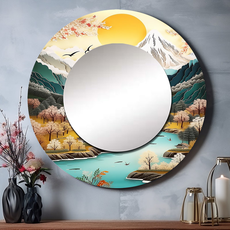 Quinnlan enneigé des sommets en montagne I - décor de miroir mural unique au Japon, grand miroir rond traditionnel, impression d'art en métal