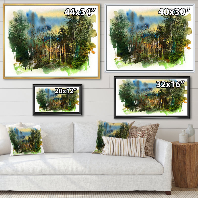 Paysage de forêt vert profond - peinture sur toile, Cadre blanc, H 31 po x l 41 po