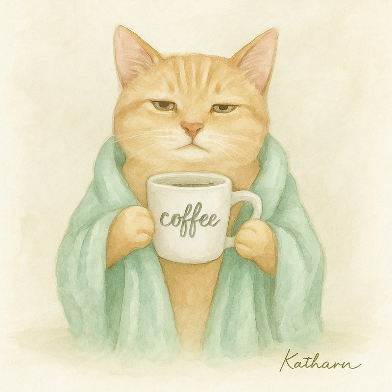 «Paws Off My Coffee» - Chat dans une robe de chambre en toile, art mural, H 30 po x l 30 po